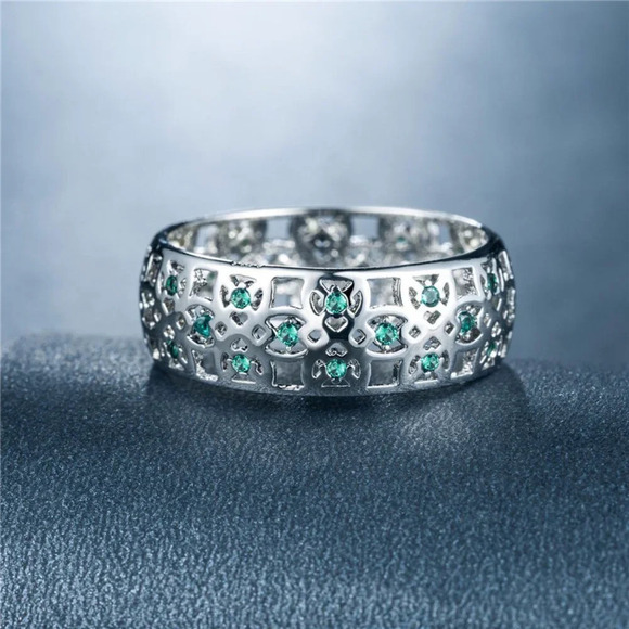 🍁 Colorful Gems Eternity Zircon Silver Vintage Ring for Women, EVGG1604 - Picture 2 of 4